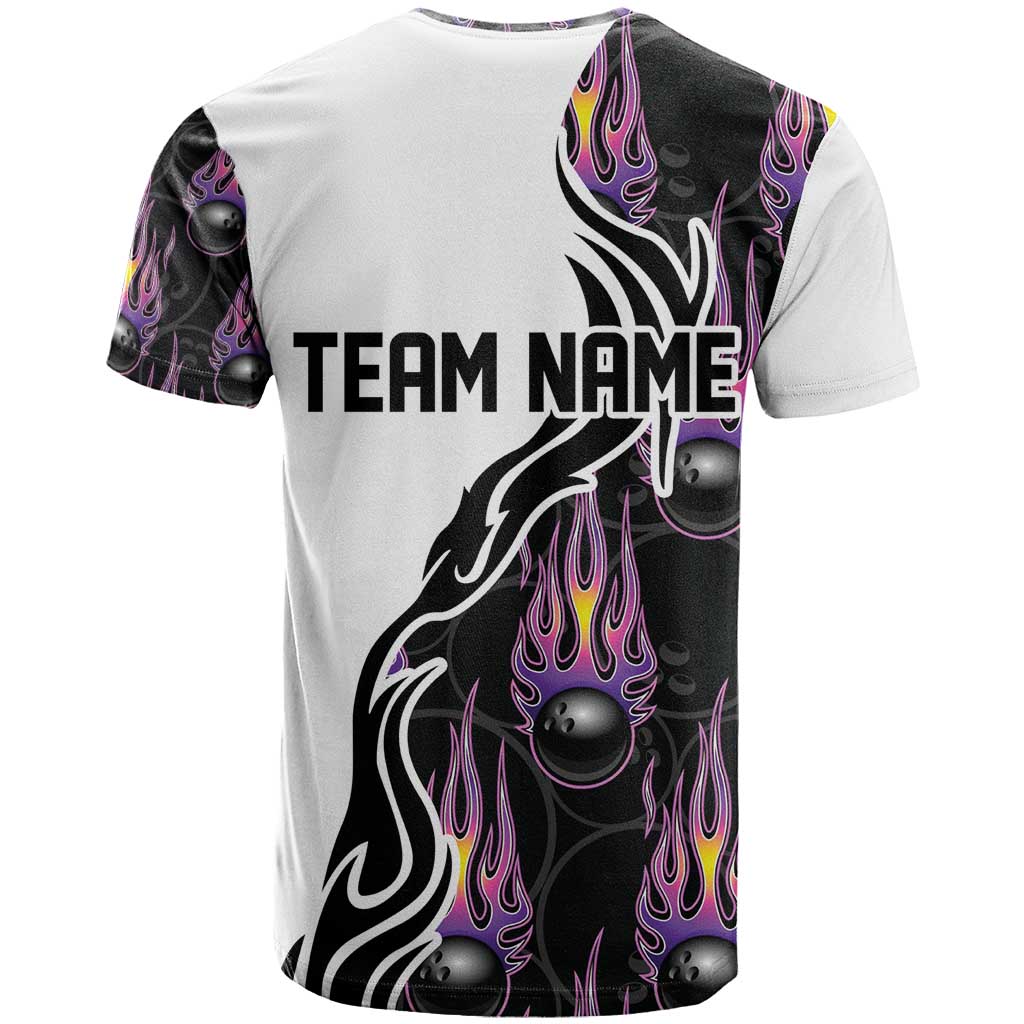 Custom Bowling Team Graphic T Shirt with Flaming Ball Design in Black White and Purple Flame Pattern - Wonder Print Shop