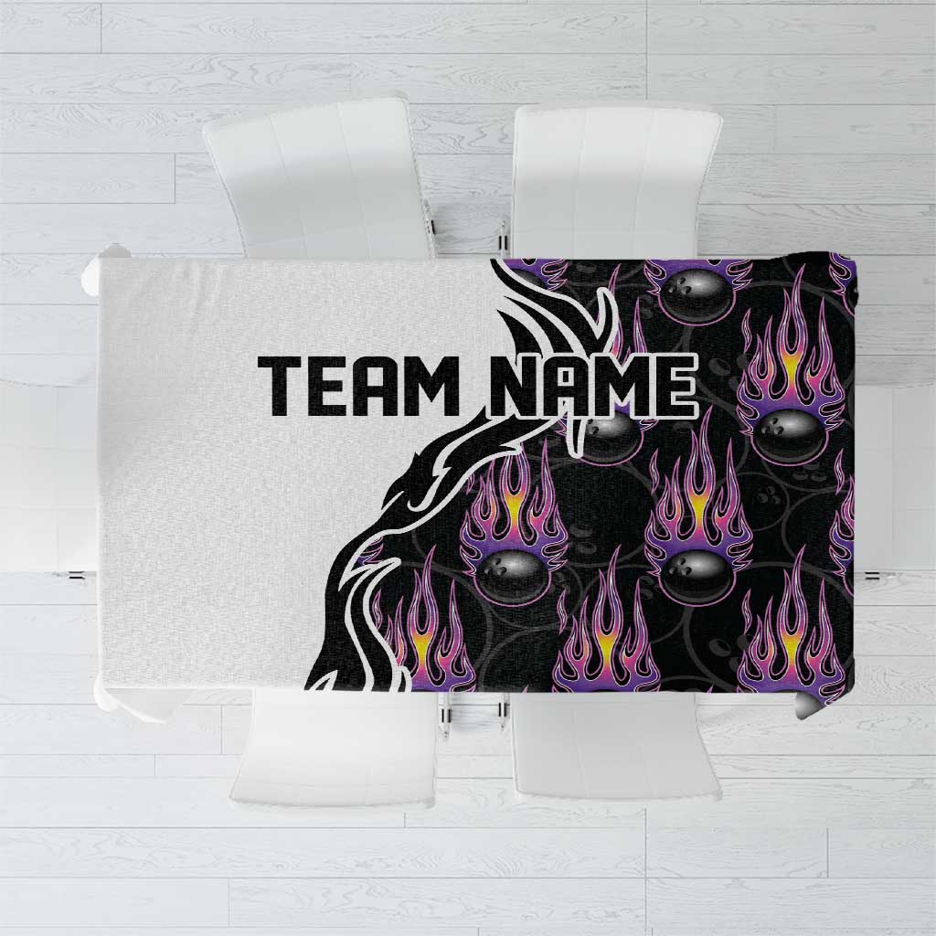 Custom Bowling Team Graphic Tablecloth with Flaming Ball Design in Black White and Purple Flame Pattern - Wonder Print Shop