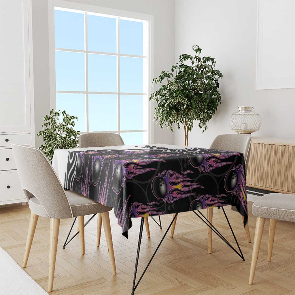 Custom Bowling Team Graphic Tablecloth with Flaming Ball Design in Black White and Purple Flame Pattern - Wonder Print Shop