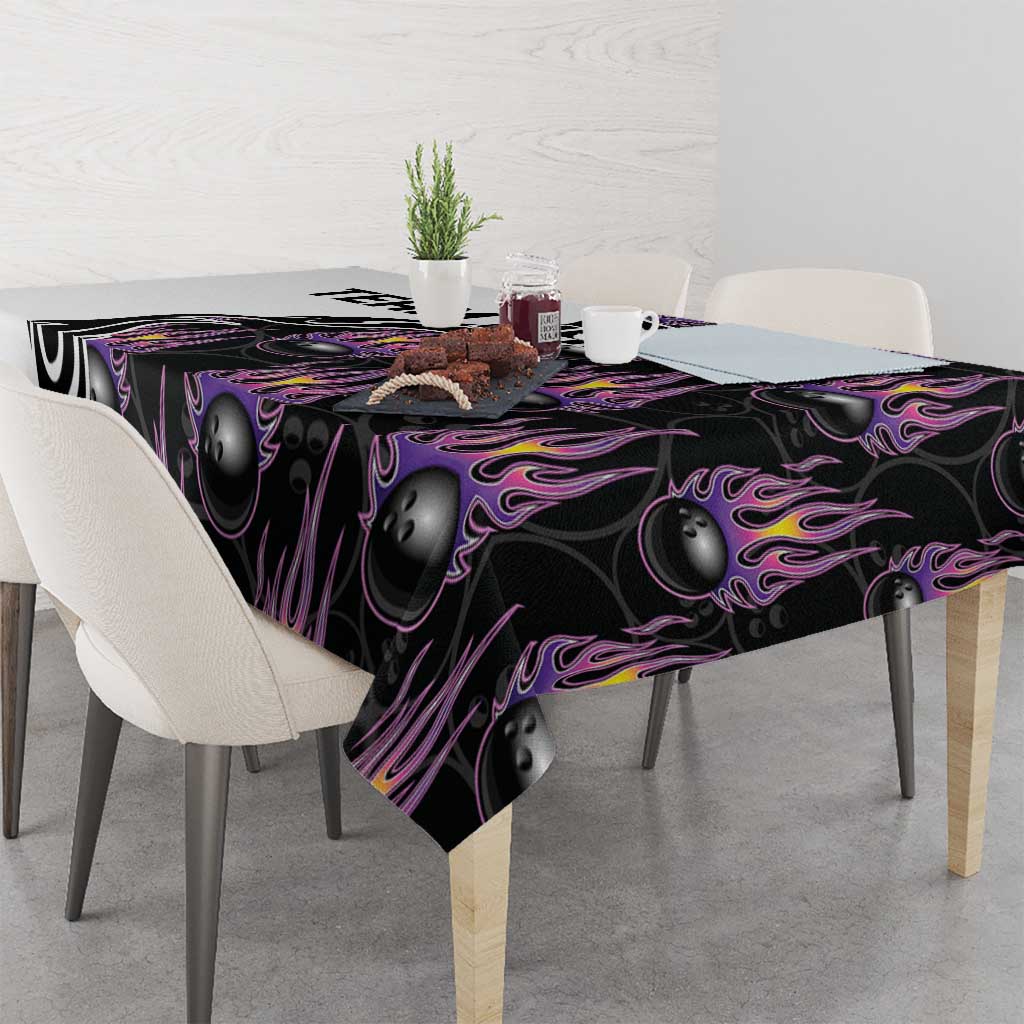 Custom Bowling Team Graphic Tablecloth with Flaming Ball Design in Black White and Purple Flame Pattern - Wonder Print Shop