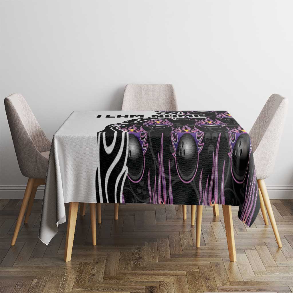 Custom Bowling Team Graphic Tablecloth with Flaming Ball Design in Black White and Purple Flame Pattern - Wonder Print Shop