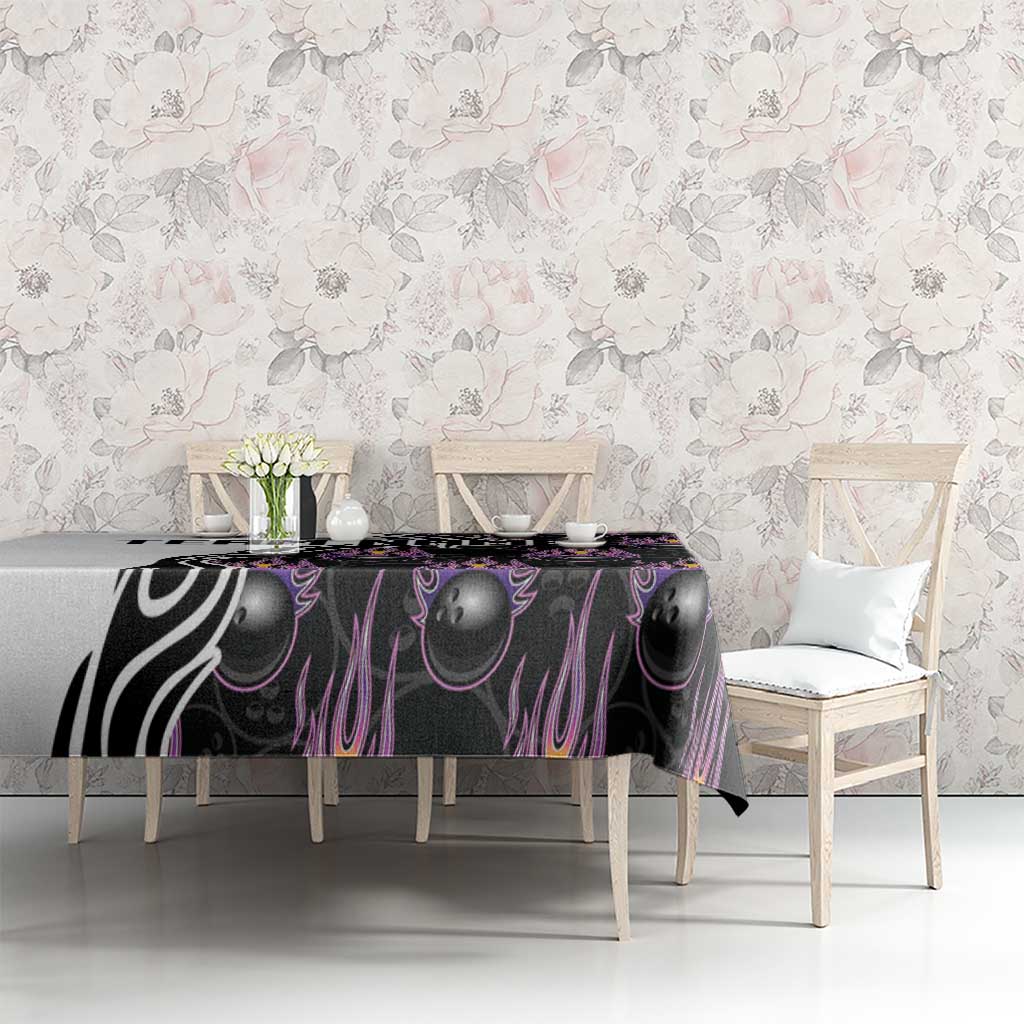 Custom Bowling Team Graphic Tablecloth with Flaming Ball Design in Black White and Purple Flame Pattern - Wonder Print Shop