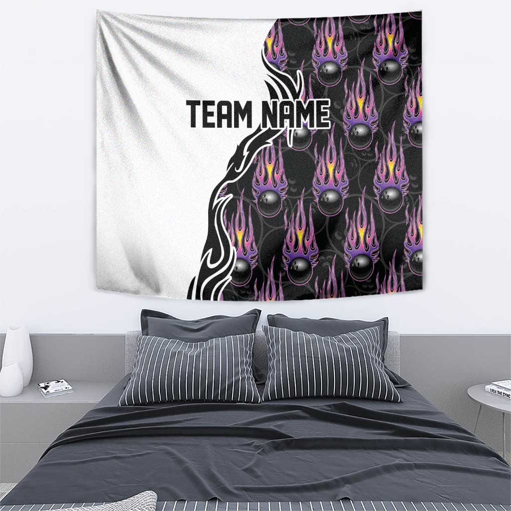 Custom Bowling Team Graphic Tapestry with Flaming Ball Design in Black White and Purple Flame Pattern - Wonder Print Shop