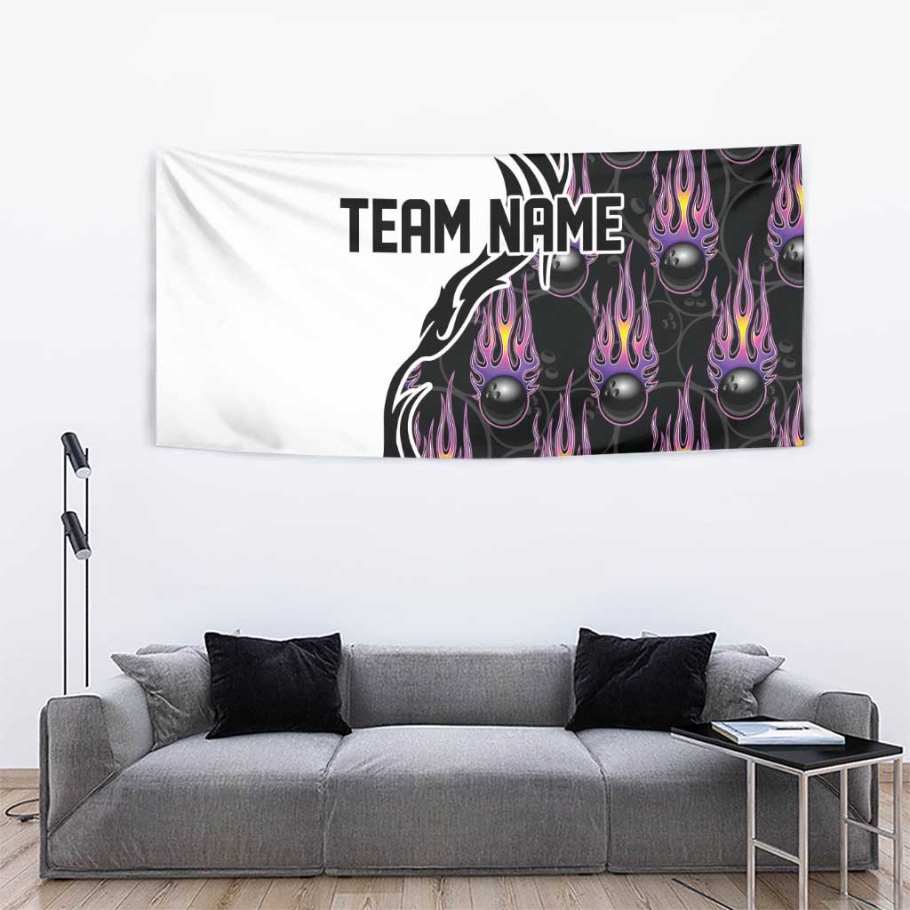 Custom Bowling Team Graphic Tapestry with Flaming Ball Design in Black White and Purple Flame Pattern - Wonder Print Shop