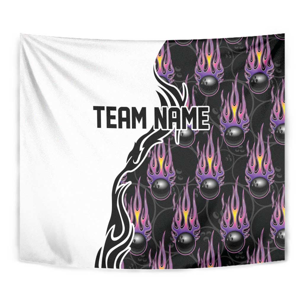 Custom Bowling Team Graphic Tapestry with Flaming Ball Design in Black White and Purple Flame Pattern - Wonder Print Shop