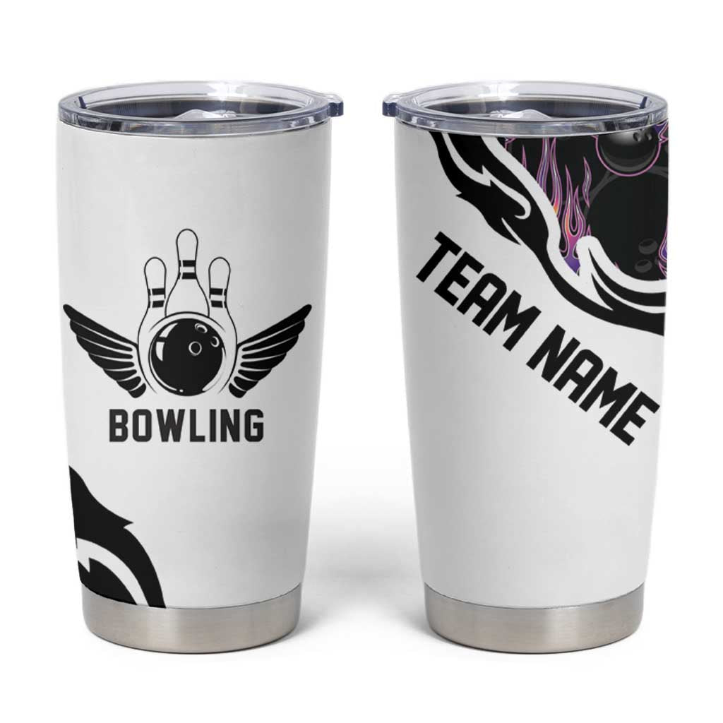 Custom Bowling Team Graphic Tumbler Cup with Flaming Ball Design in Black White and Purple Flame Pattern - Wonder Print Shop