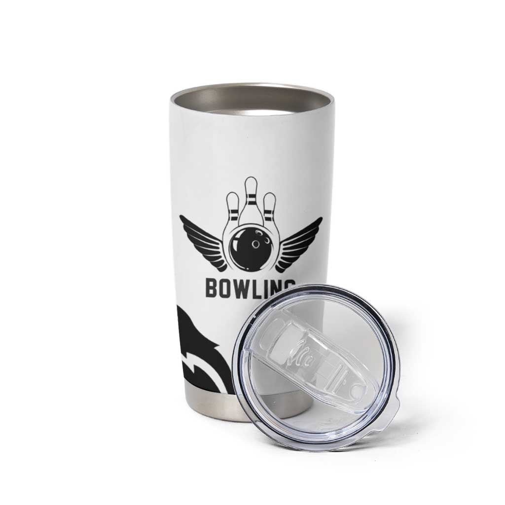 Custom Bowling Team Graphic Tumbler Cup with Flaming Ball Design in Black White and Purple Flame Pattern - Wonder Print Shop