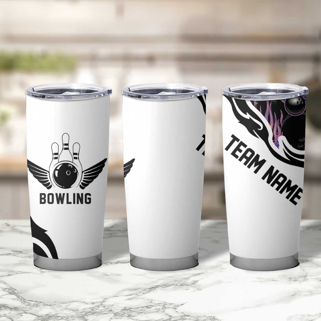Custom Bowling Team Graphic Tumbler Cup with Flaming Ball Design in Black White and Purple Flame Pattern - Wonder Print Shop