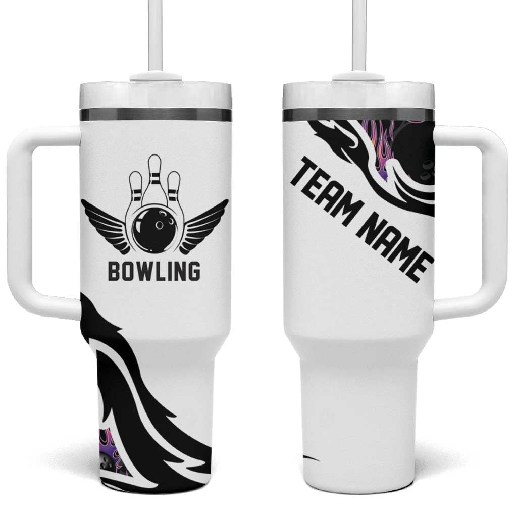 Custom Bowling Team Graphic Tumbler With Handle with Flaming Ball Design in Black White and Purple Flame Pattern - Wonder Print Shop