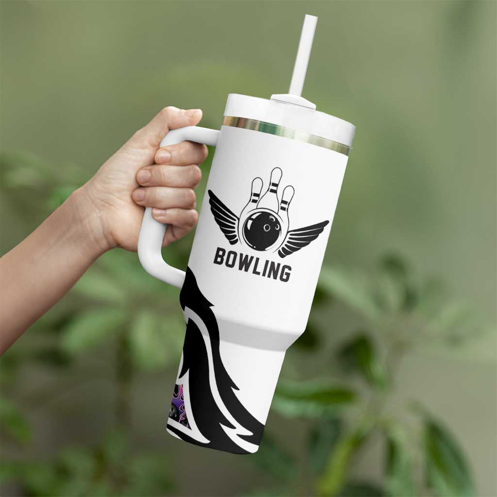 Custom Bowling Team Graphic Tumbler With Handle with Flaming Ball Design in Black White and Purple Flame Pattern - Wonder Print Shop