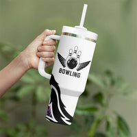 Custom Bowling Team Graphic Tumbler With Handle with Flaming Ball Design in Black White and Purple Flame Pattern - Wonder Print Shop