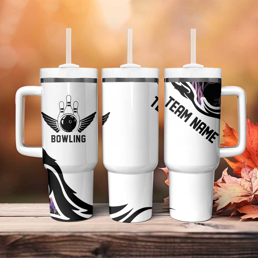 Custom Bowling Team Graphic Tumbler With Handle with Flaming Ball Design in Black White and Purple Flame Pattern - Wonder Print Shop
