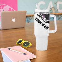 Custom Bowling Team Graphic Tumbler With Handle with Flaming Ball Design in Black White and Purple Flame Pattern - Wonder Print Shop