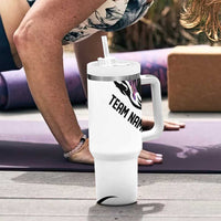 Custom Bowling Team Graphic Tumbler With Handle with Flaming Ball Design in Black White and Purple Flame Pattern - Wonder Print Shop