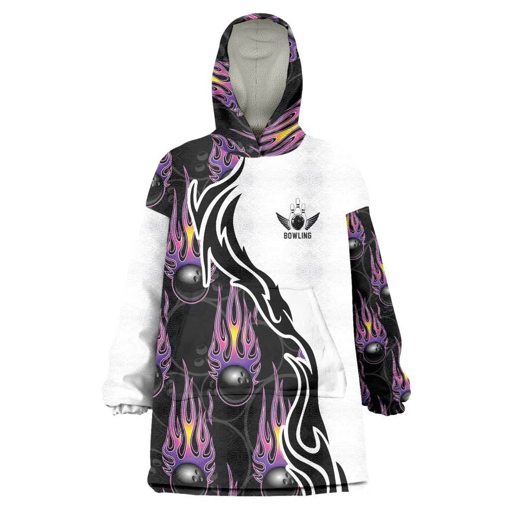 Custom Bowling Team Graphic Wearable Blanket Hoodie with Flaming Ball Design in Black White and Purple Flame Pattern - Wonder Print Shop