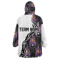 Custom Bowling Team Graphic Wearable Blanket Hoodie with Flaming Ball Design in Black White and Purple Flame Pattern - Wonder Print Shop