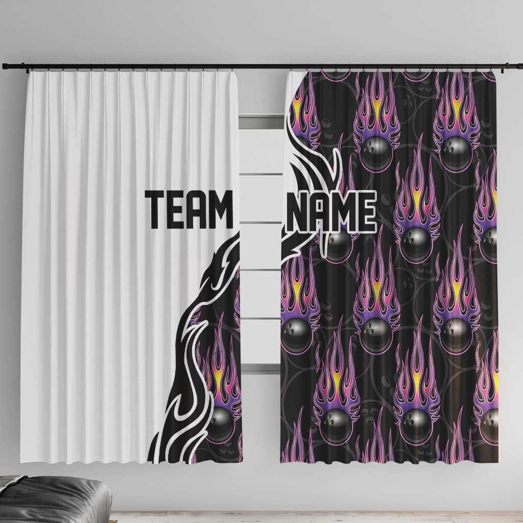 Custom Bowling Team Graphic Window Curtain with Flaming Ball Design in Black White and Purple Flame Pattern - Wonder Print Shop