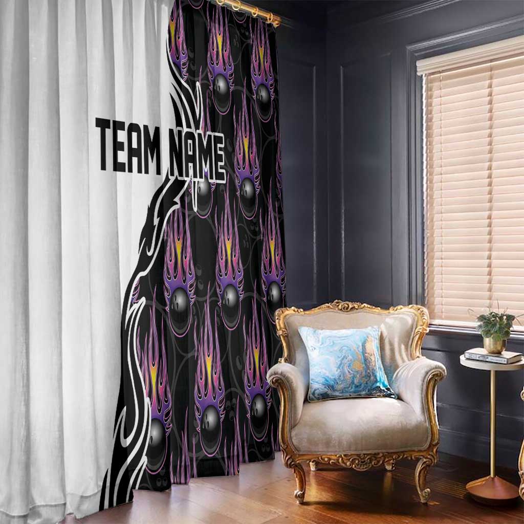Custom Bowling Team Graphic Window Curtain with Flaming Ball Design in Black White and Purple Flame Pattern - Wonder Print Shop