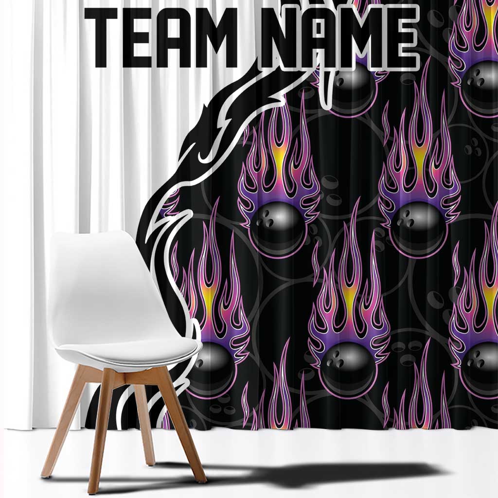Custom Bowling Team Graphic Window Curtain with Flaming Ball Design in Black White and Purple Flame Pattern - Wonder Print Shop