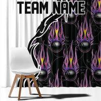Custom Bowling Team Graphic Window Curtain with Flaming Ball Design in Black White and Purple Flame Pattern - Wonder Print Shop