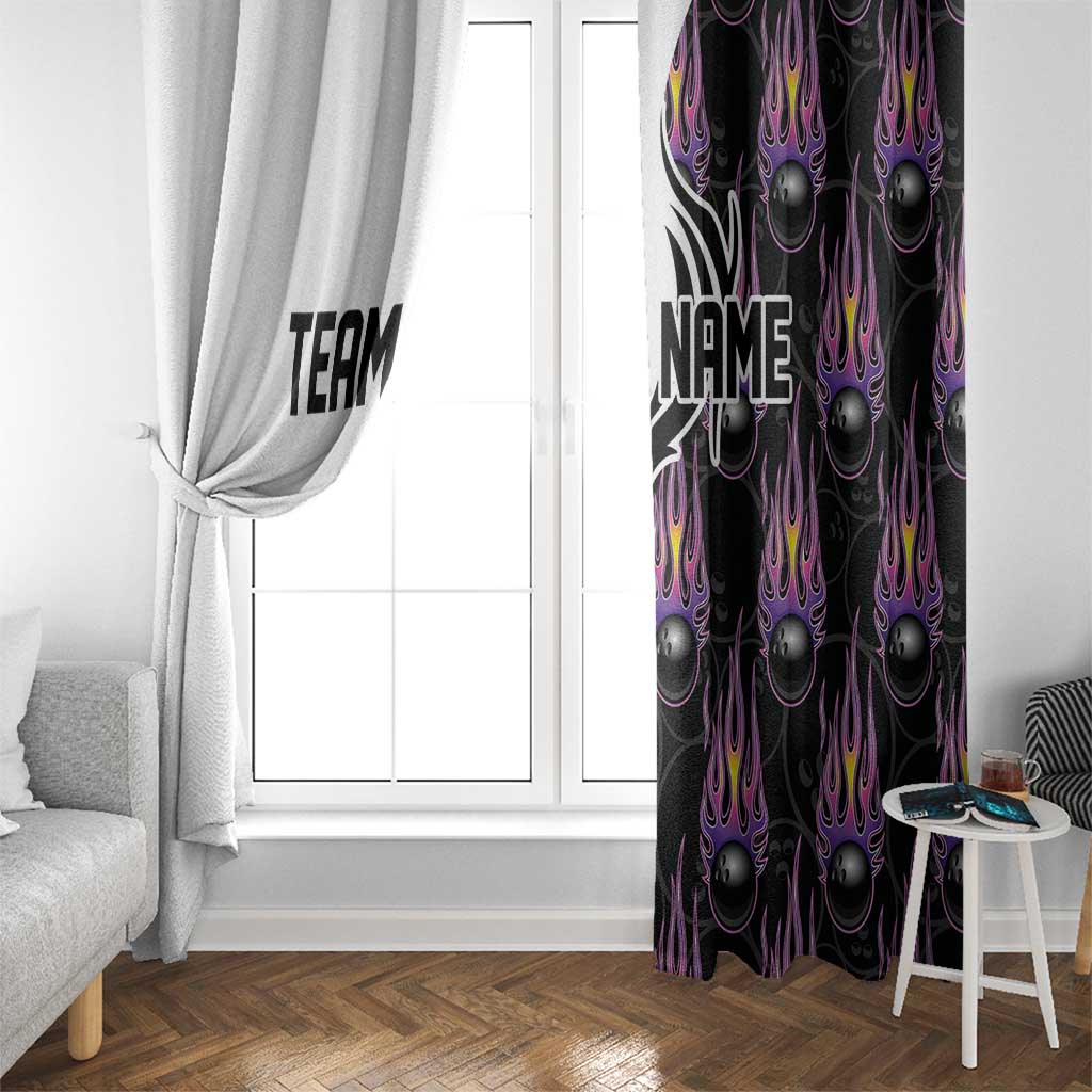Custom Bowling Team Graphic Window Curtain with Flaming Ball Design in Black White and Purple Flame Pattern - Wonder Print Shop