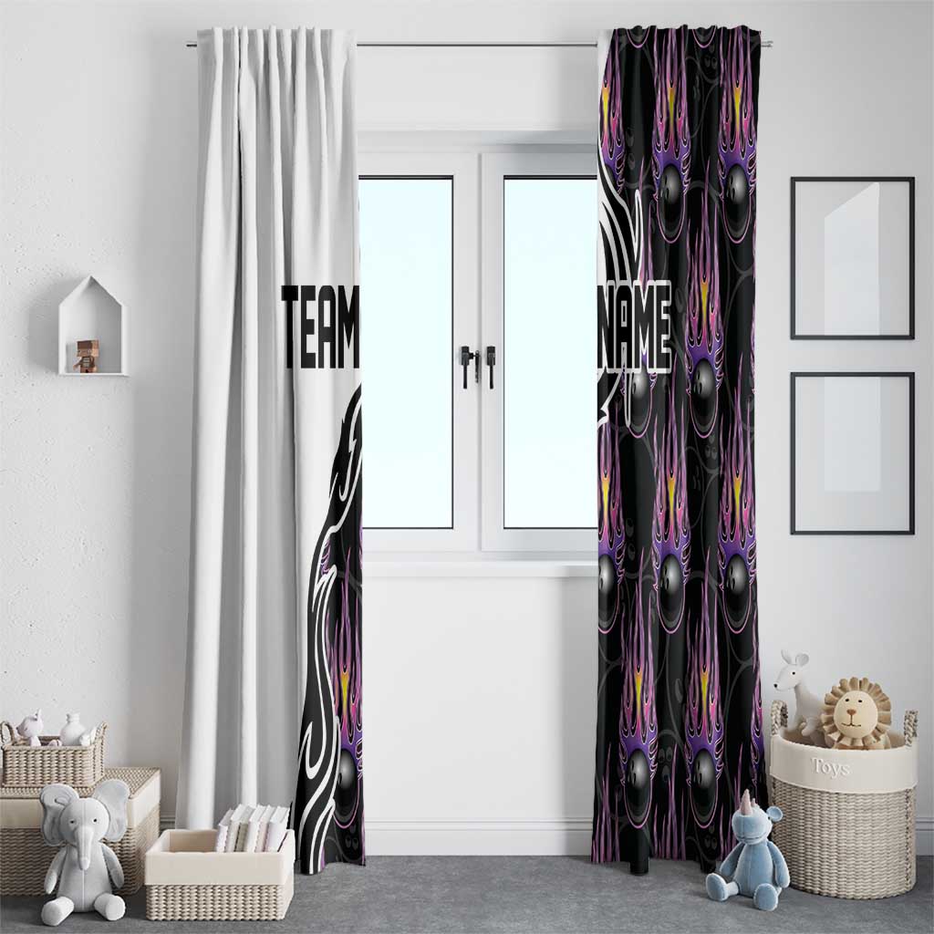 Custom Bowling Team Graphic Window Curtain with Flaming Ball Design in Black White and Purple Flame Pattern - Wonder Print Shop