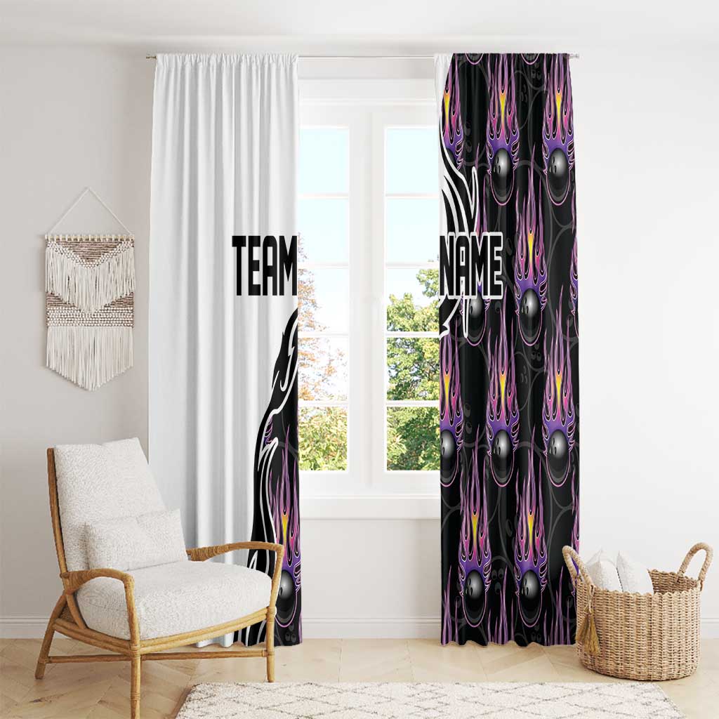 Custom Bowling Team Graphic Window Curtain with Flaming Ball Design in Black White and Purple Flame Pattern - Wonder Print Shop