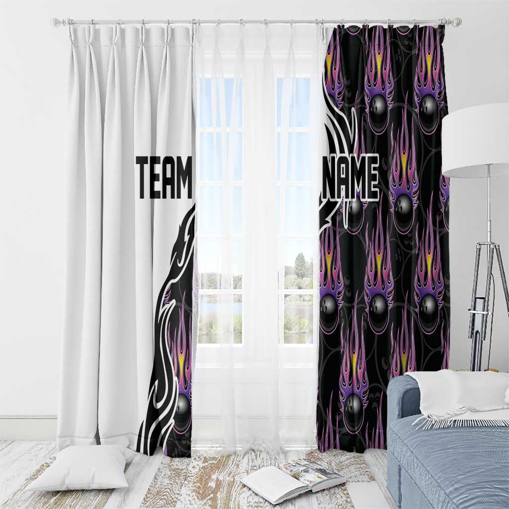 Custom Bowling Team Graphic Window Curtain with Flaming Ball Design in Black White and Purple Flame Pattern - Wonder Print Shop