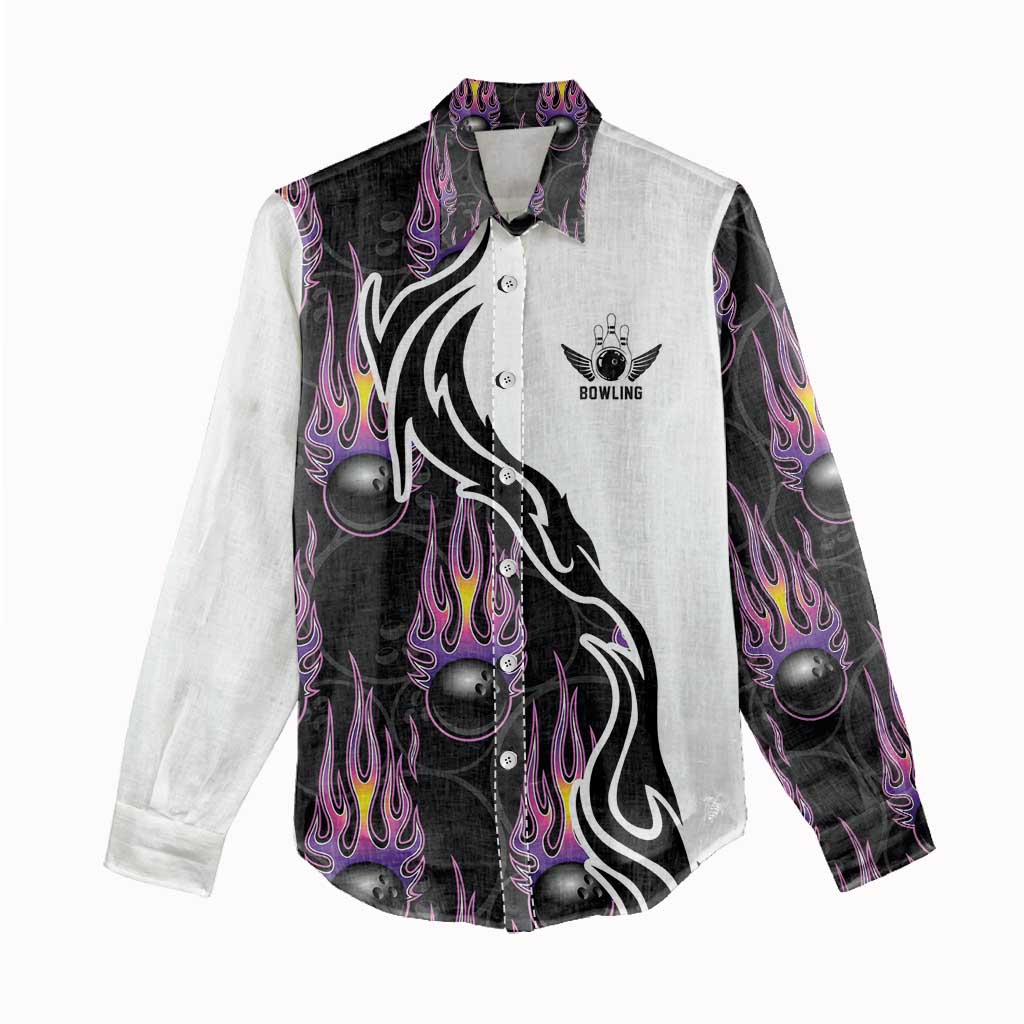Custom Bowling Team Graphic Women Casual Shirt with Flaming Ball Design in Black White and Purple Flame Pattern - Wonder Print Shop