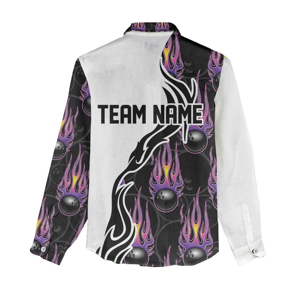 Custom Bowling Team Graphic Women Casual Shirt with Flaming Ball Design in Black White and Purple Flame Pattern - Wonder Print Shop