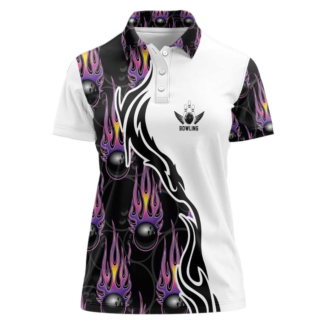 Custom Bowling Team Graphic Women Polo Shirt with Flaming Ball Design in Black White and Purple Flame Pattern - Wonder Print Shop
