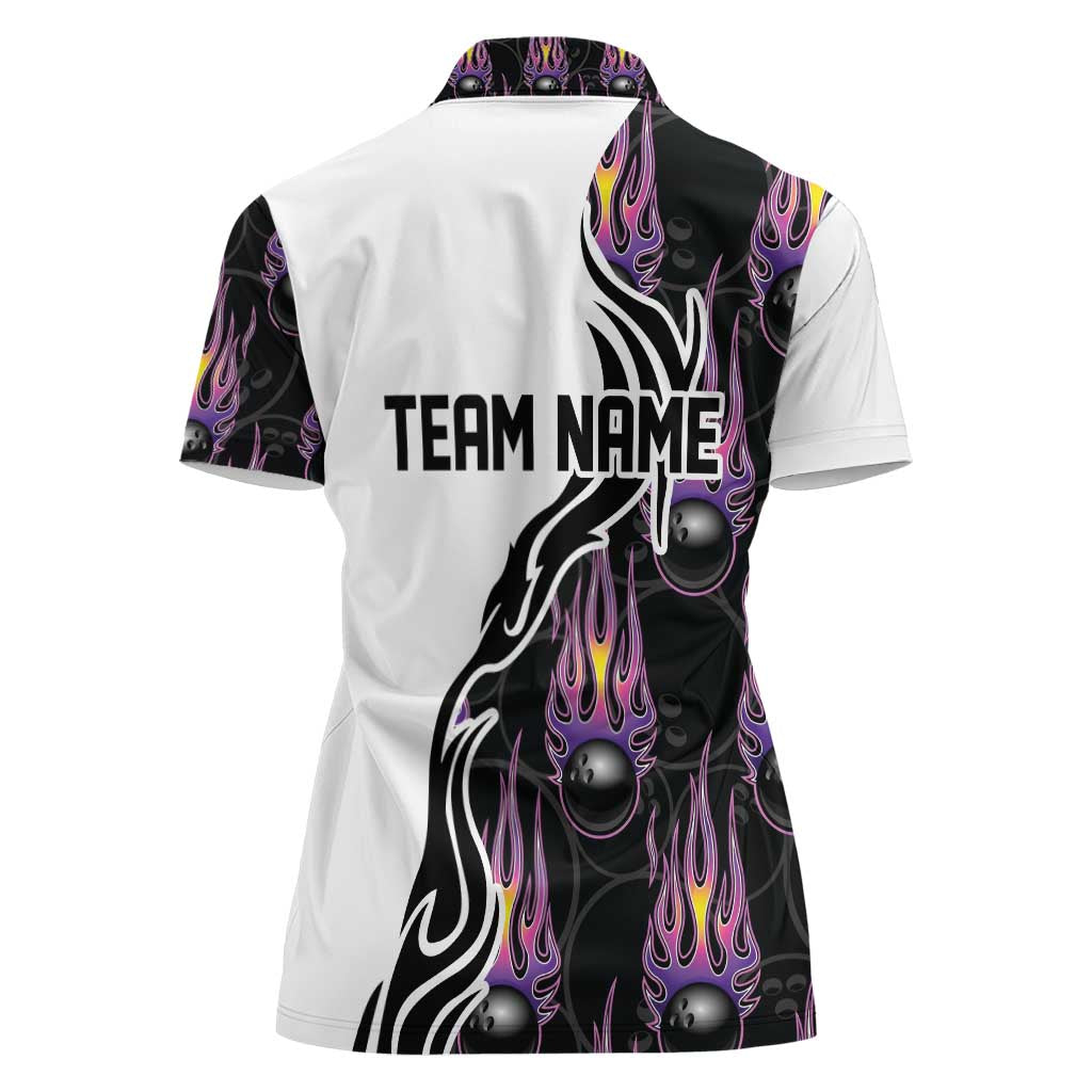 Custom Bowling Team Graphic Women Polo Shirt with Flaming Ball Design in Black White and Purple Flame Pattern - Wonder Print Shop
