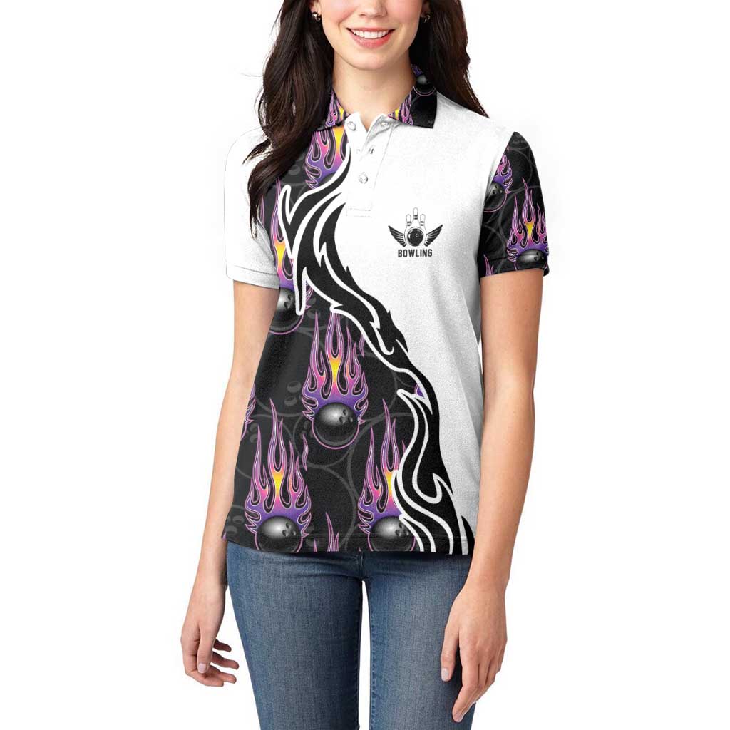 Custom Bowling Team Graphic Women Polo Shirt with Flaming Ball Design in Black White and Purple Flame Pattern - Wonder Print Shop