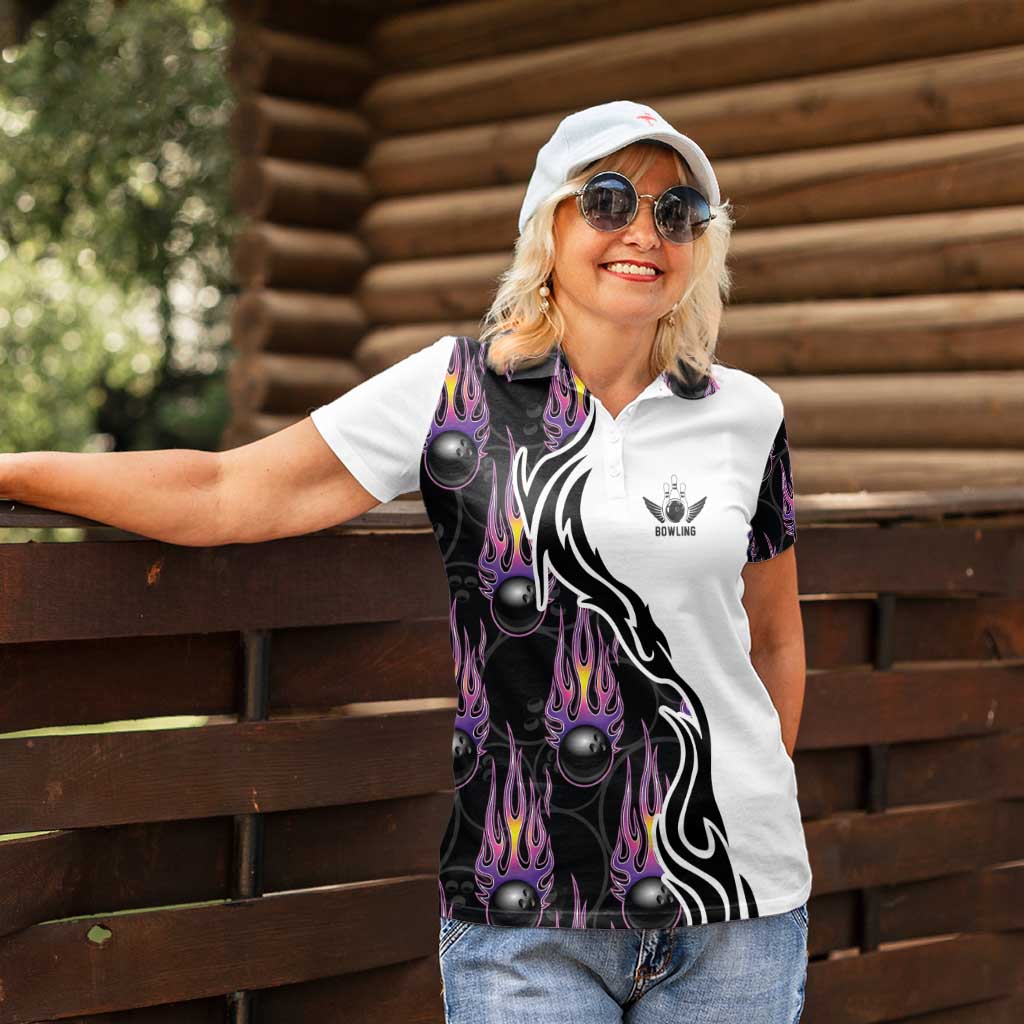 Custom Bowling Team Graphic Women Polo Shirt with Flaming Ball Design in Black White and Purple Flame Pattern - Wonder Print Shop