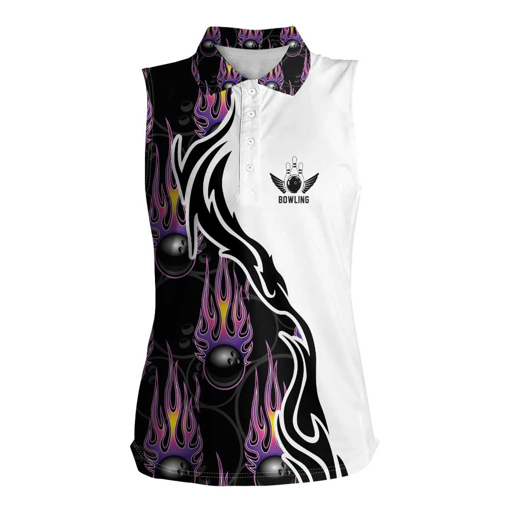 Custom Bowling Team Graphic Women Sleeveless Polo Shirt with Flaming Ball Design in Black White and Purple Flame Pattern - Wonder Print Shop