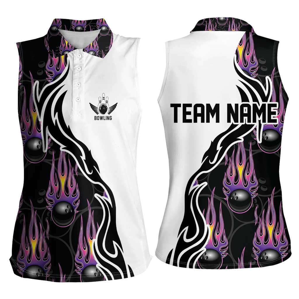 Custom Bowling Team Graphic Women Sleeveless Polo Shirt with Flaming Ball Design in Black White and Purple Flame Pattern - Wonder Print Shop