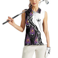 Custom Bowling Team Graphic Women Sleeveless Polo Shirt with Flaming Ball Design in Black White and Purple Flame Pattern - Wonder Print Shop