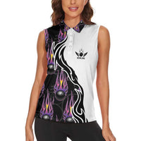 Custom Bowling Team Graphic Women Sleeveless Polo Shirt with Flaming Ball Design in Black White and Purple Flame Pattern - Wonder Print Shop