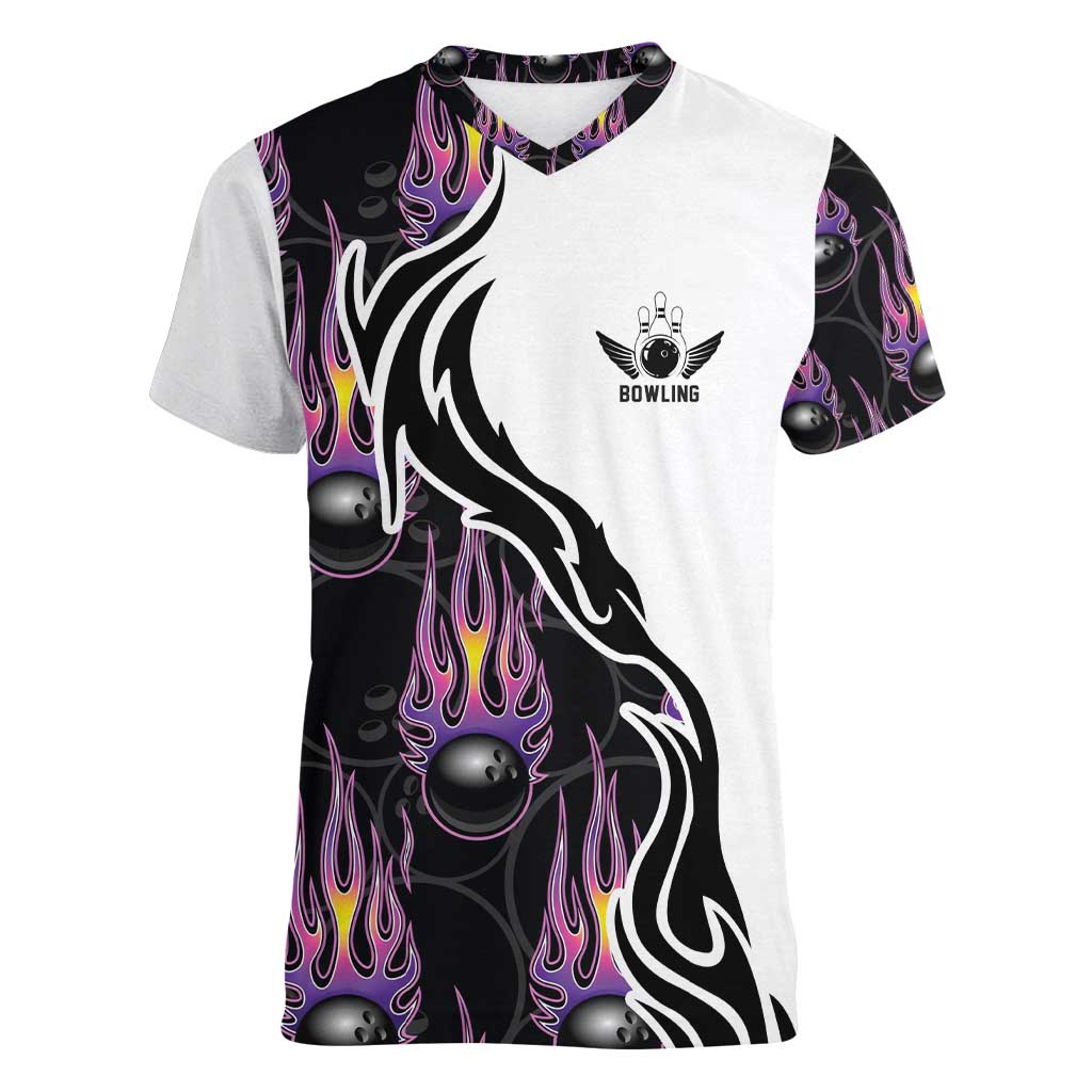 Custom Bowling Team Graphic Women V-Neck T-Shirt with Flaming Ball Design in Black White and Purple Flame Pattern - Wonder Print Shop