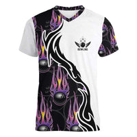 Custom Bowling Team Graphic Women V-Neck T-Shirt with Flaming Ball Design in Black White and Purple Flame Pattern - Wonder Print Shop