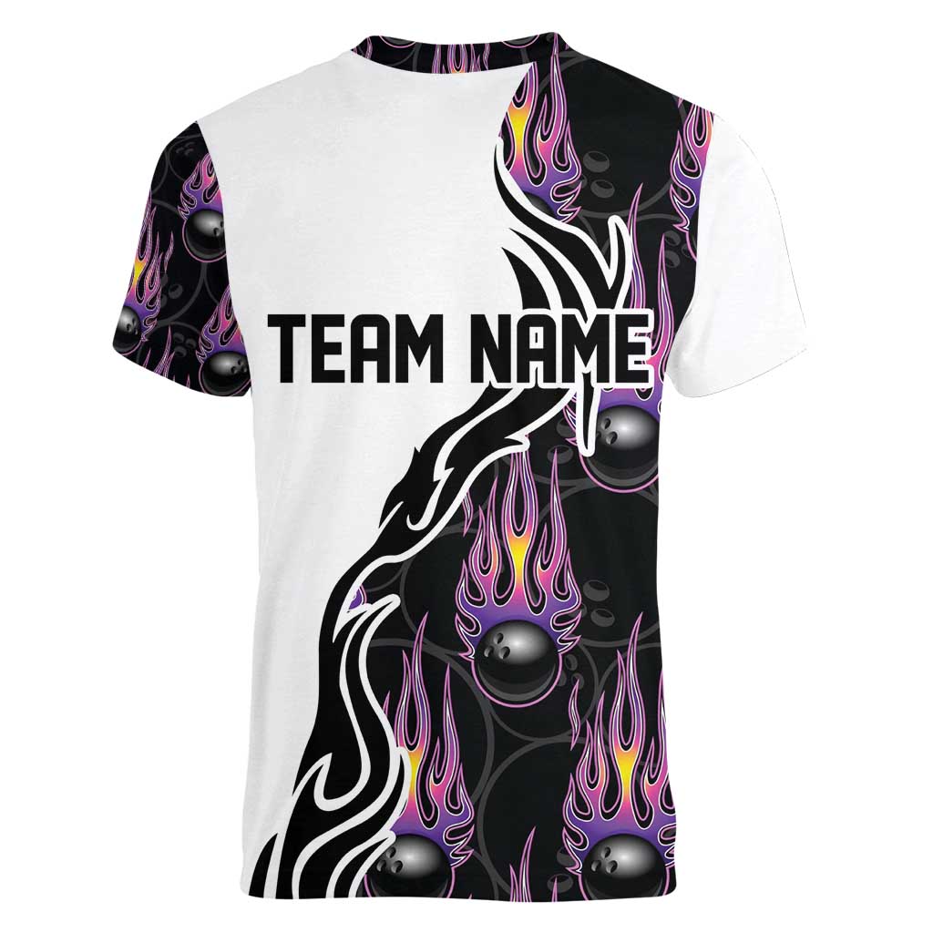 Custom Bowling Team Graphic Women V-Neck T-Shirt with Flaming Ball Design in Black White and Purple Flame Pattern - Wonder Print Shop