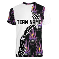 Custom Bowling Team Graphic Women V-Neck T-Shirt with Flaming Ball Design in Black White and Purple Flame Pattern - Wonder Print Shop