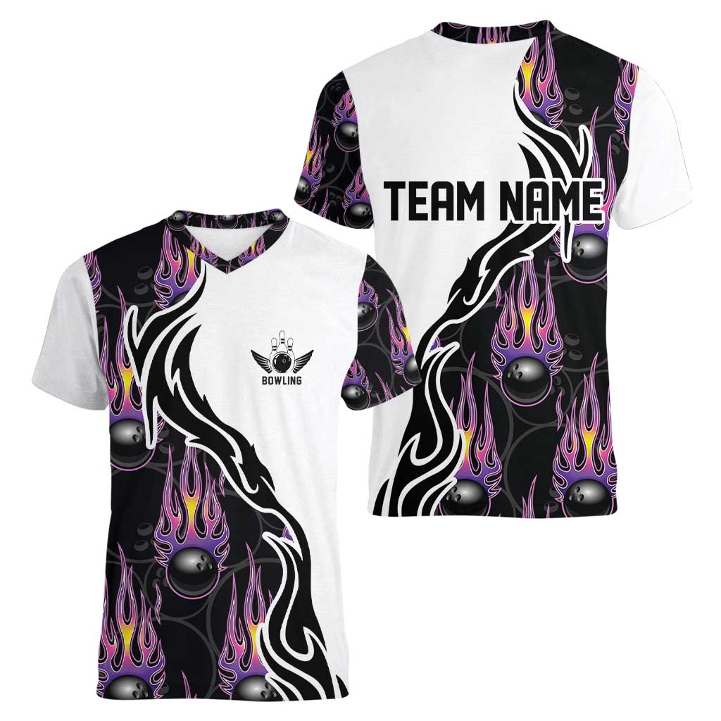 Custom Bowling Team Graphic Women V-Neck T-Shirt with Flaming Ball Design in Black White and Purple Flame Pattern - Wonder Print Shop