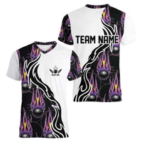 Custom Bowling Team Graphic Women V-Neck T-Shirt with Flaming Ball Design in Black White and Purple Flame Pattern - Wonder Print Shop