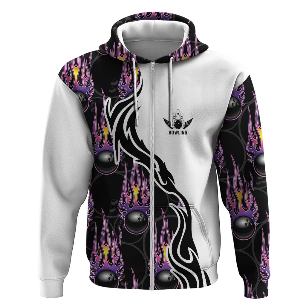 Custom Bowling Team Graphic Zip Hoodie with Flaming Ball Design in Black White and Purple Flame Pattern - Wonder Print Shop