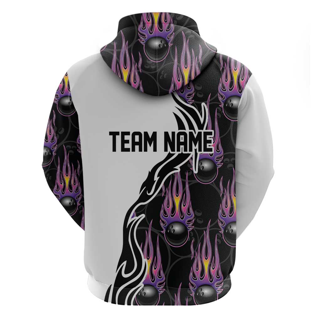 Custom Bowling Team Graphic Zip Hoodie with Flaming Ball Design in Black White and Purple Flame Pattern - Wonder Print Shop