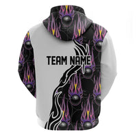 Custom Bowling Team Graphic Zip Hoodie with Flaming Ball Design in Black White and Purple Flame Pattern - Wonder Print Shop