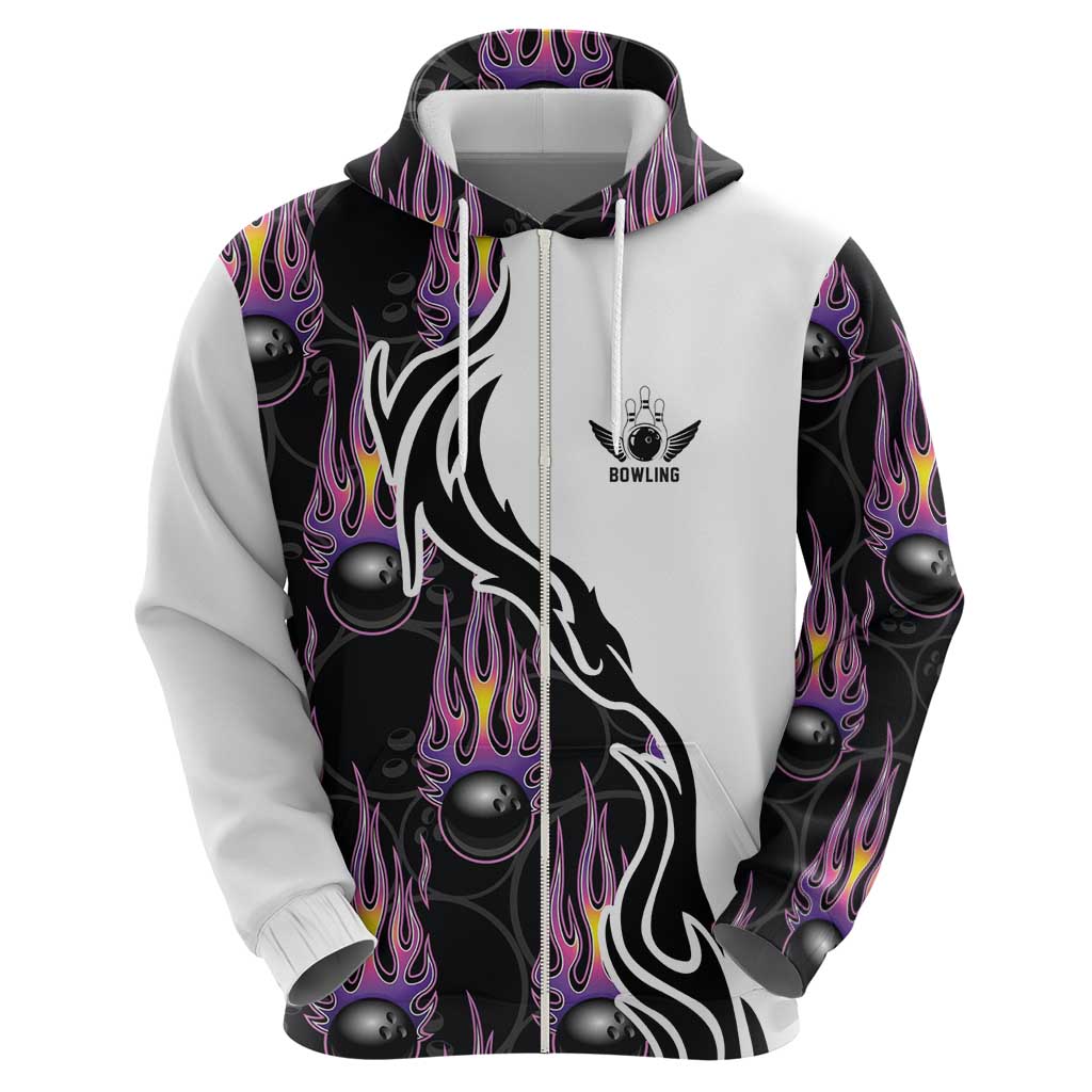 Custom Bowling Team Graphic Zip Hoodie with Flaming Ball Design in Black White and Purple Flame Pattern - Wonder Print Shop