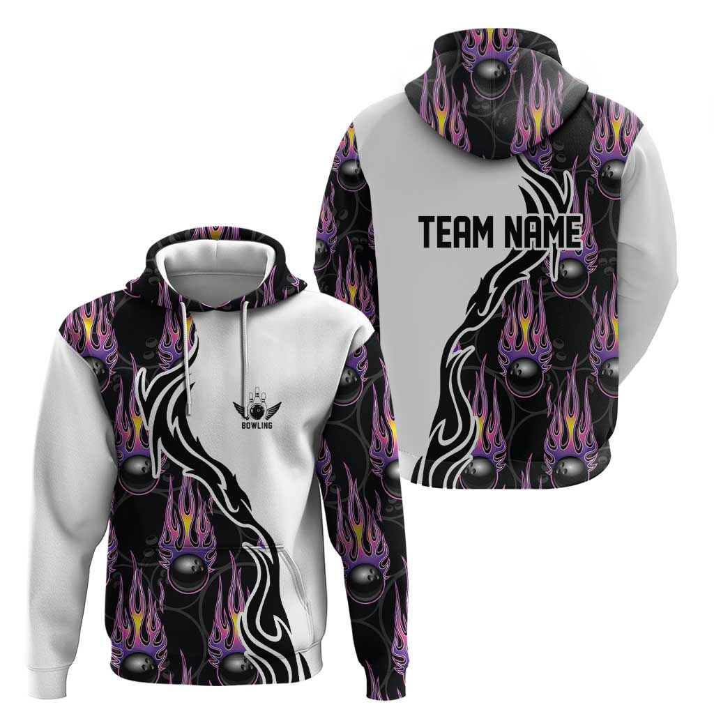Custom Bowling Team Graphic Zip Hoodie with Flaming Ball Design in Black White and Purple Flame Pattern - Wonder Print Shop