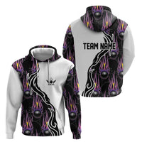 Custom Bowling Team Graphic Zip Hoodie with Flaming Ball Design in Black White and Purple Flame Pattern - Wonder Print Shop